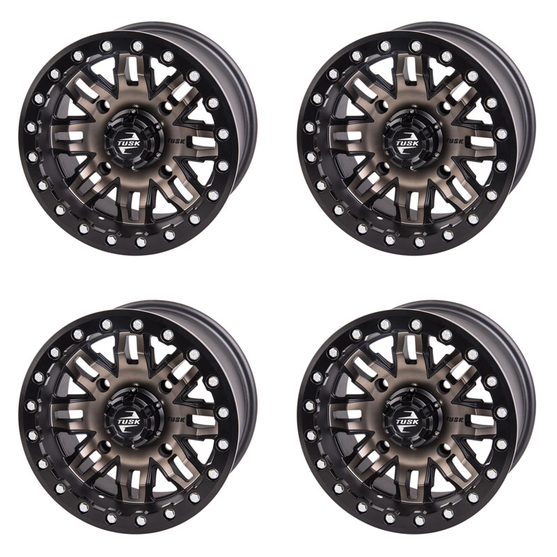 (4 Pack) 4/137 Tusk Teton Beadlock Wheel 14x7 4.0 + 3.0 Smoke/Black For ...